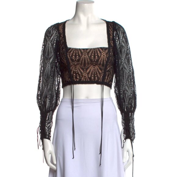 FOR LOVE OR LEMONS - lace pattern square neckline crop top black beige LARGE - Picture 1 of 11
